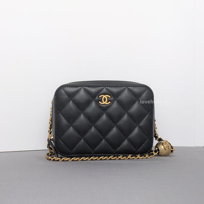 Chanel Camera Bag Mini with pearl crush | Black Lambskin Brushed Gold Hardware-whitebackground