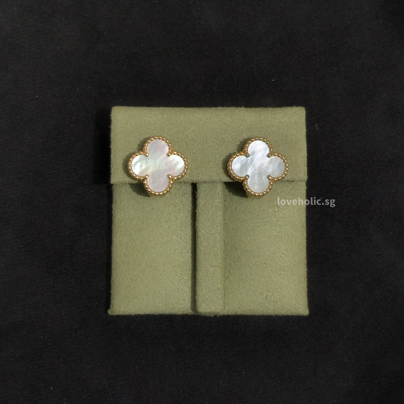 Van Cleef & Arpels VCA Earrings Vintage Alhambra | Mother of Pearl White  18K Gold Hardware -modelshots