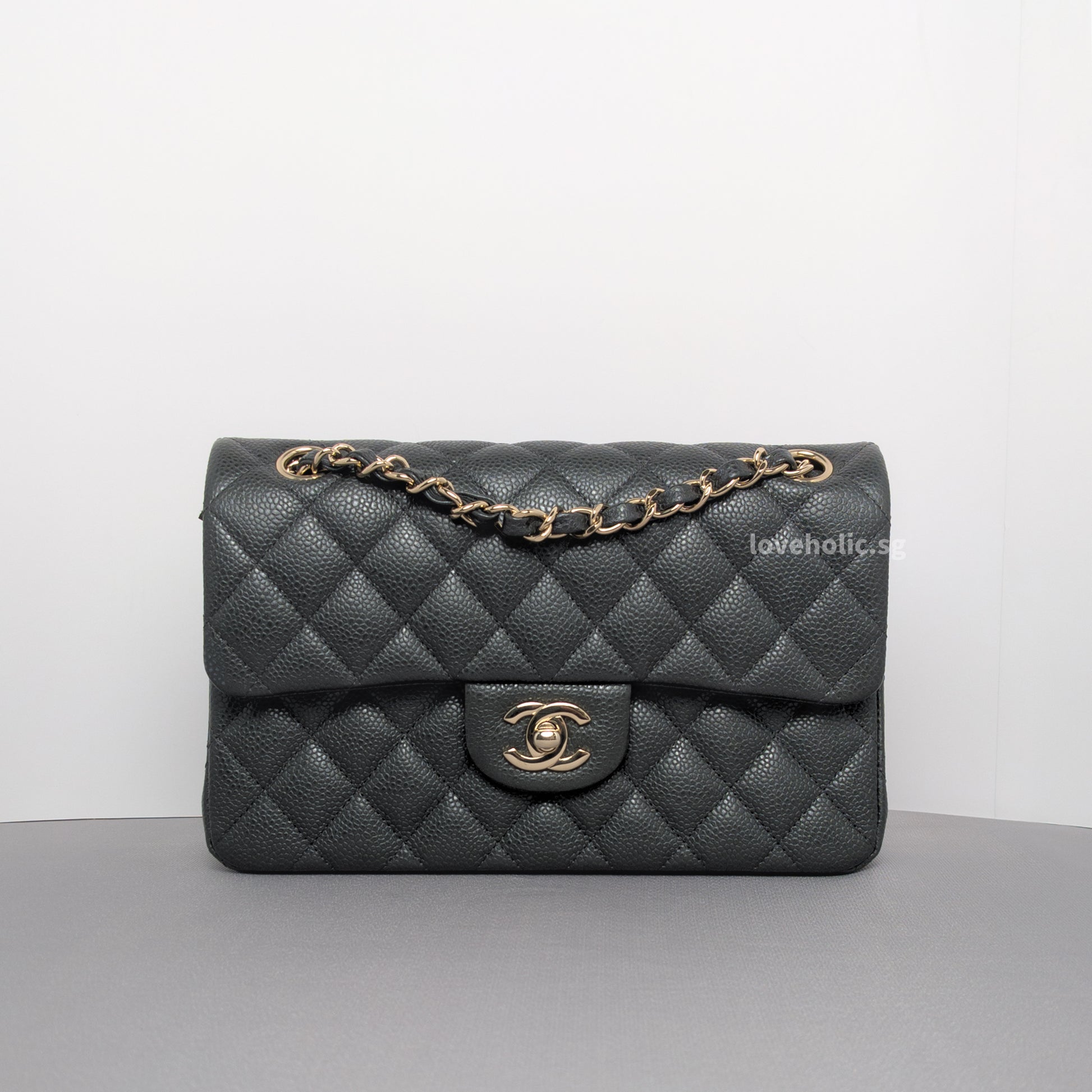 Chanel Classic Flap Small | 18S Dark Grey Caviar Light Gold Hardware-whitebackground