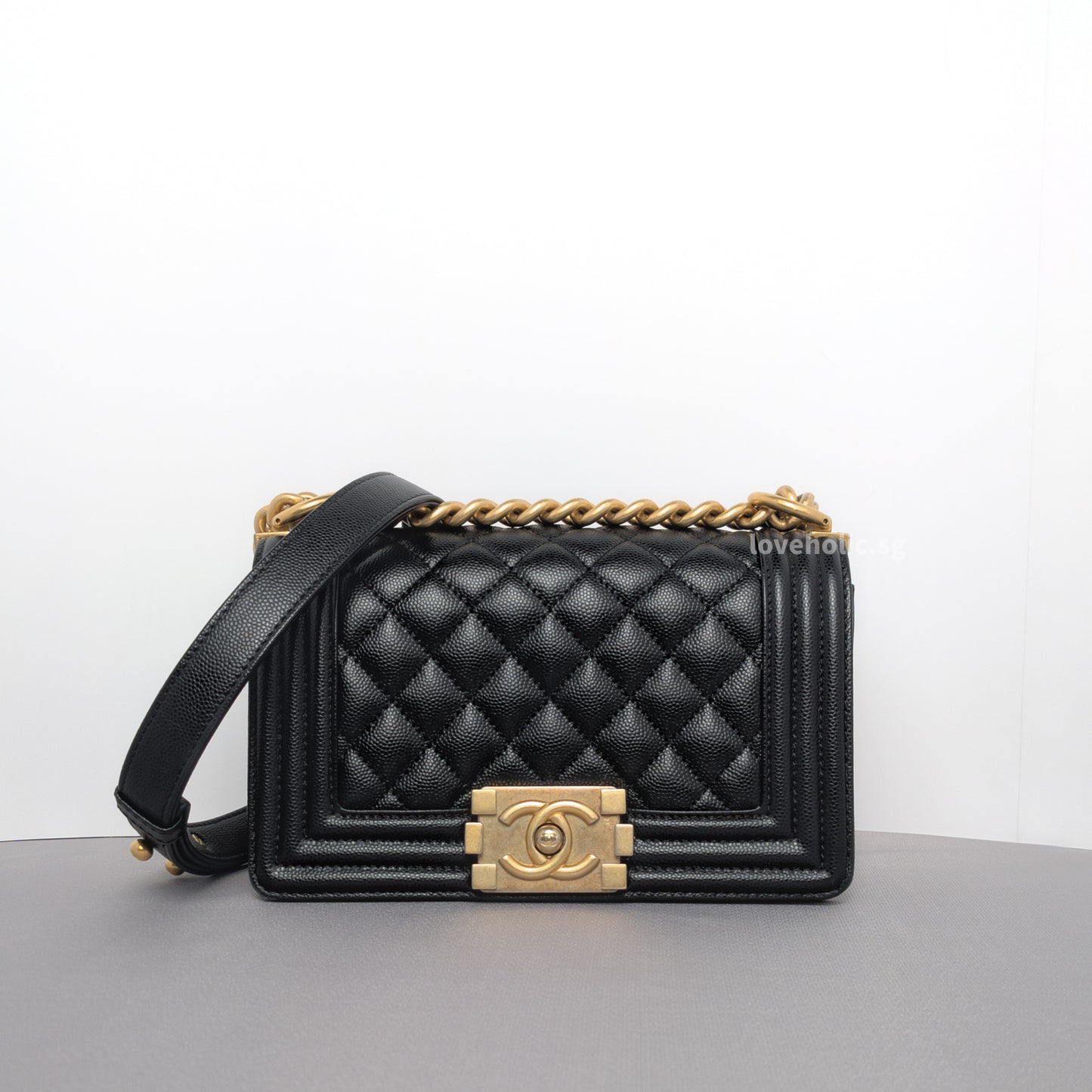 Chanel Boy Old Small | Black Caviar Brushed Gold Hardware-whitebackground