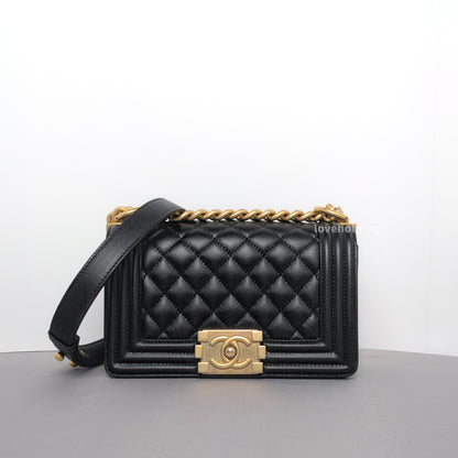 Chanel Boy Old Small | Black Caviar Brushed Gold Hardware-whitebackground