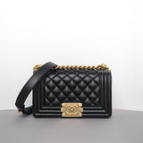 Chanel Boy Old Small | Black Caviar Brushed Gold Hardware-whitebackground