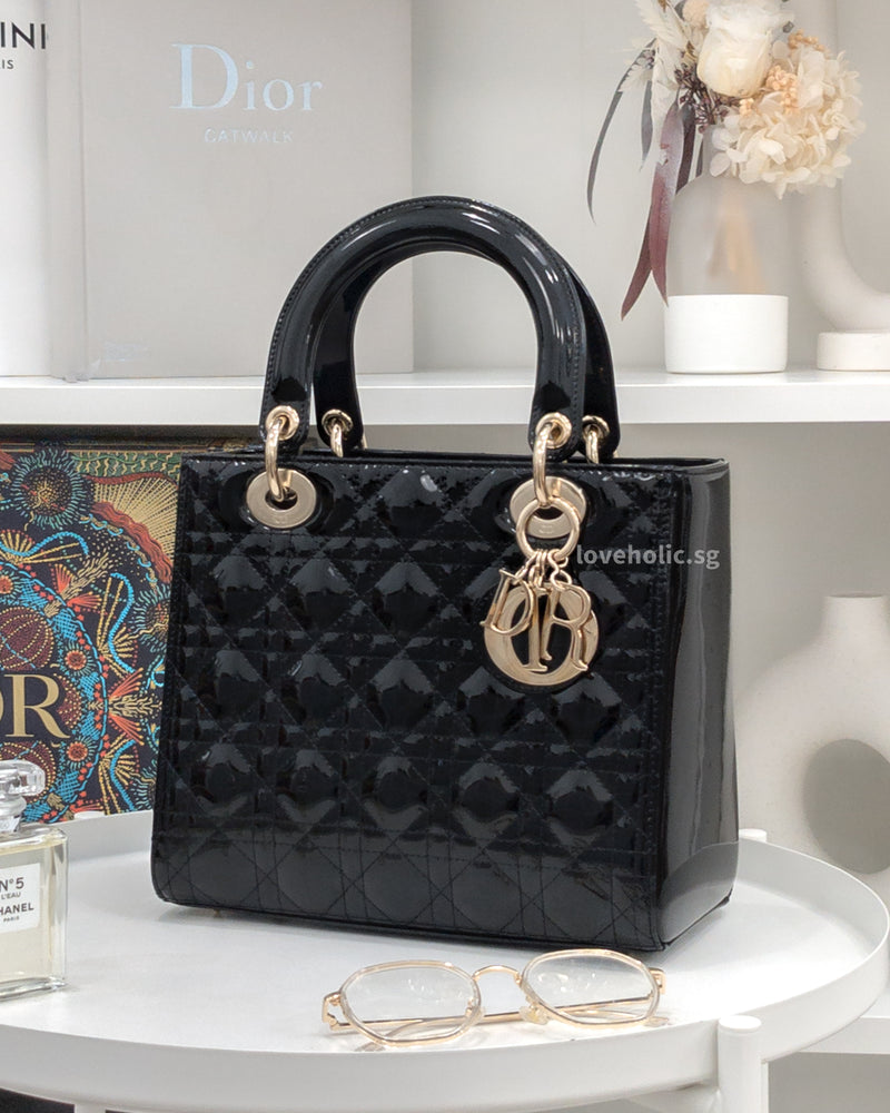 Dior My Lady Dior Medium | Black Patent Leather Light Gold Hardware-main