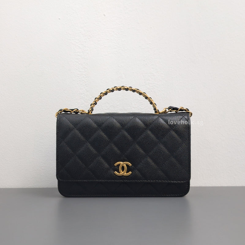 Chanel Wallet On Chain With Top Handle | 22S Black Caviar Brushed Gold Hardware-whitebackground