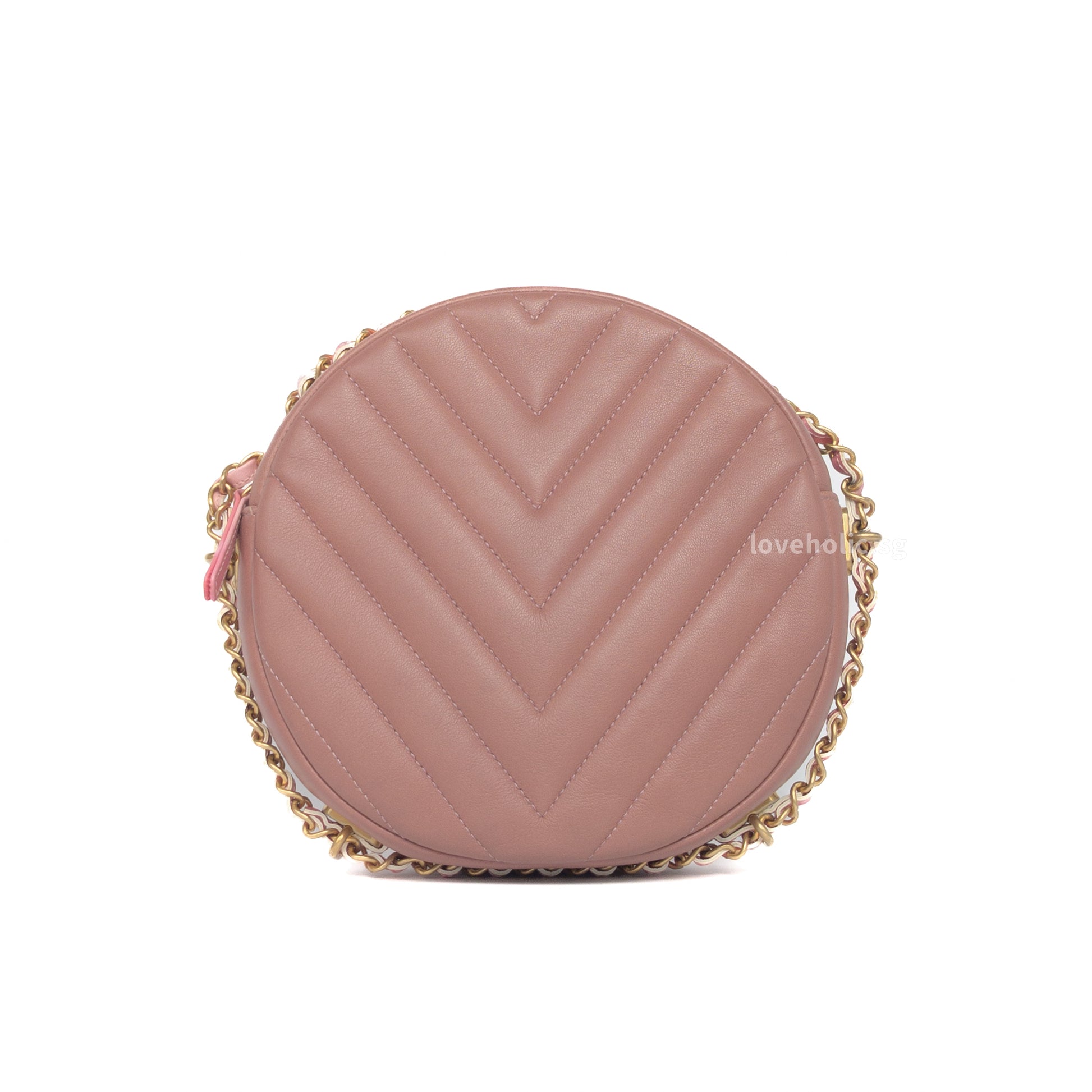 Chanel Round Clutch with Chain  | Pink Lambskin Brushed Gold Hardware-back