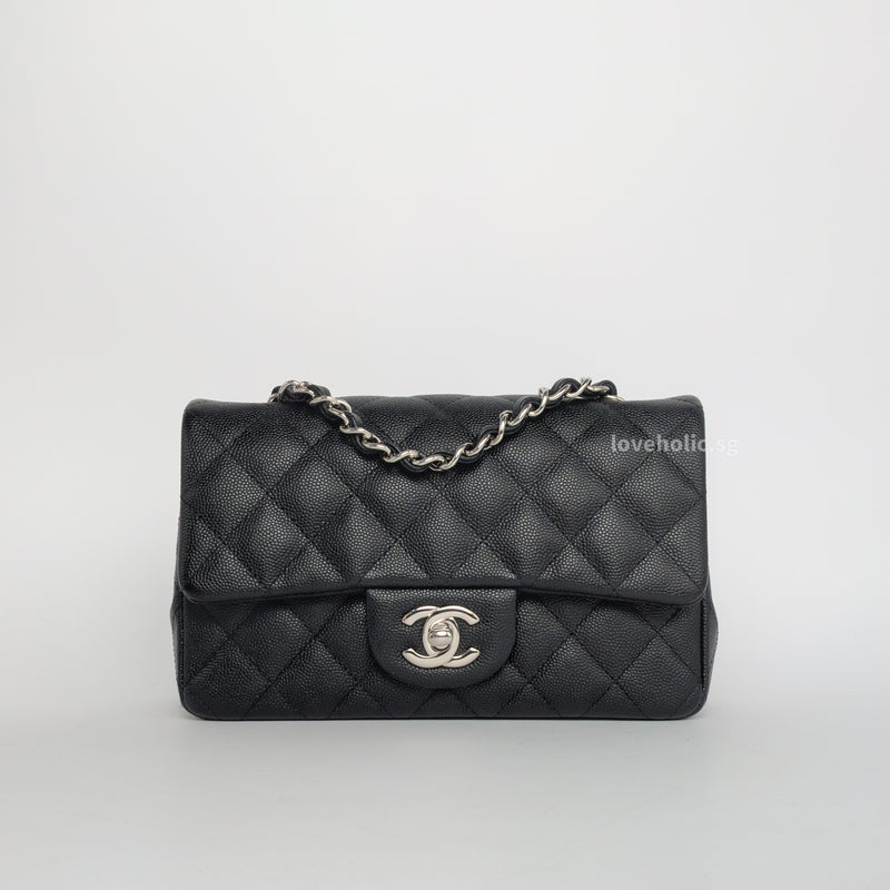 Chanel Classic Flap Mini Rectangle | 18B Black Caviar Silver Hardware-whitebackground