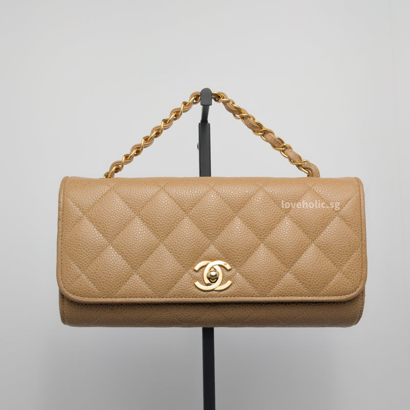 Chanel Vintage Kelly Clutch with Chain | Dark Beige Caviar 24K Gold Hardware-whitebackground