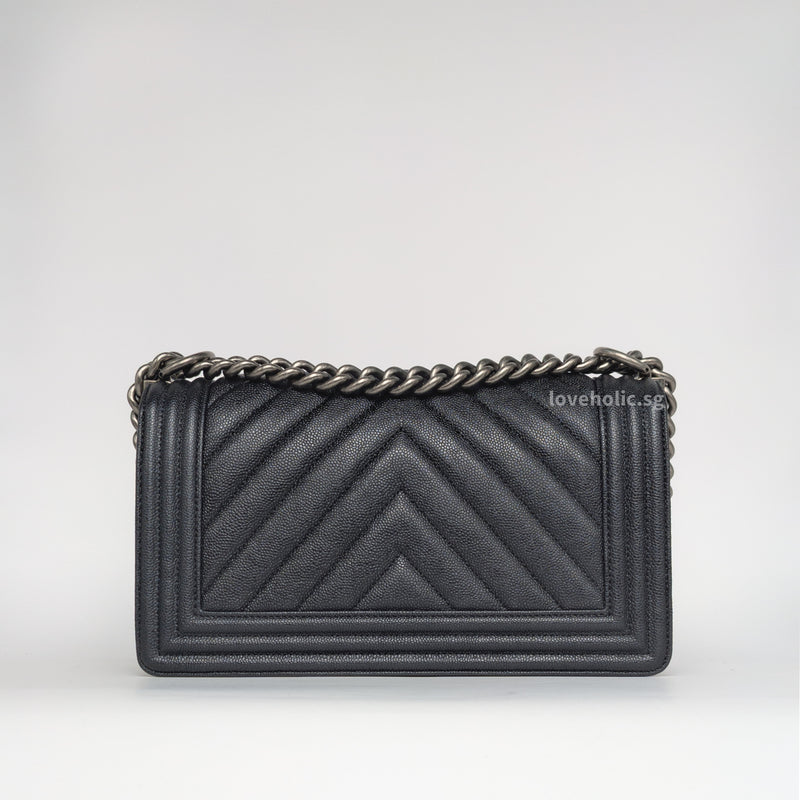 Chanel Old Boy Chervon Medium | Midnight Blue Caviar Ruthenium Hardware-back