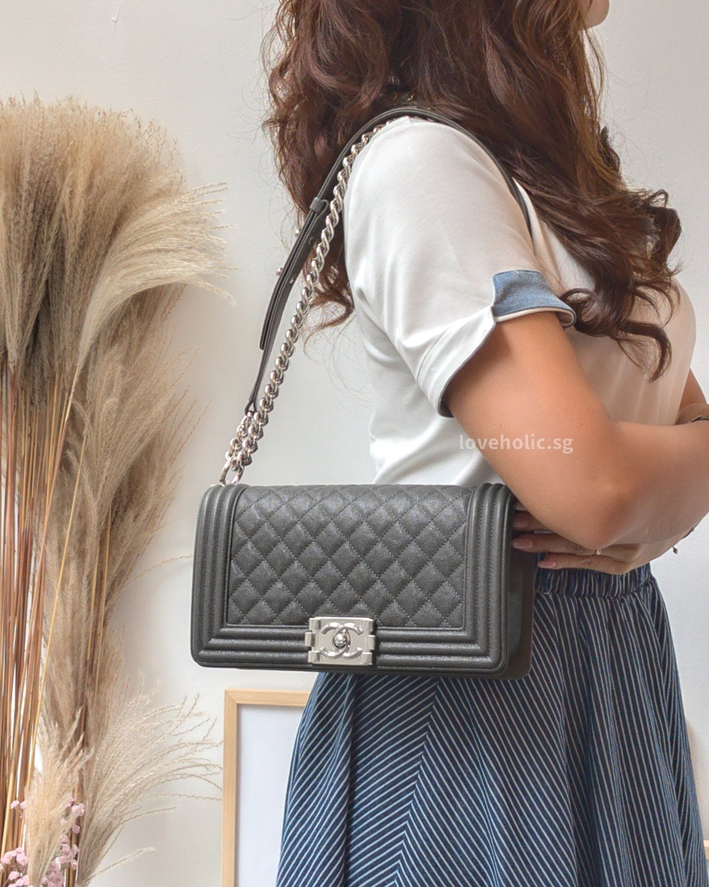 Chanel Boy Medium | 20S Grey Caviar Silver Hardware-modelshots