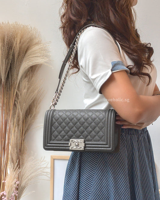 Chanel Boy Medium | 20S Grey Caviar Silver Hardware-modelshots