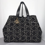 Dior Large Toujours | Black Tweed with White Cannage Motif Light Gold Hardware-whitebackground