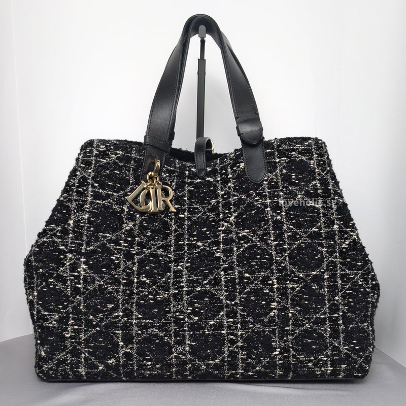Dior Large Toujours | Black Tweed with White Cannage Motif Light Gold Hardware-whitebackground