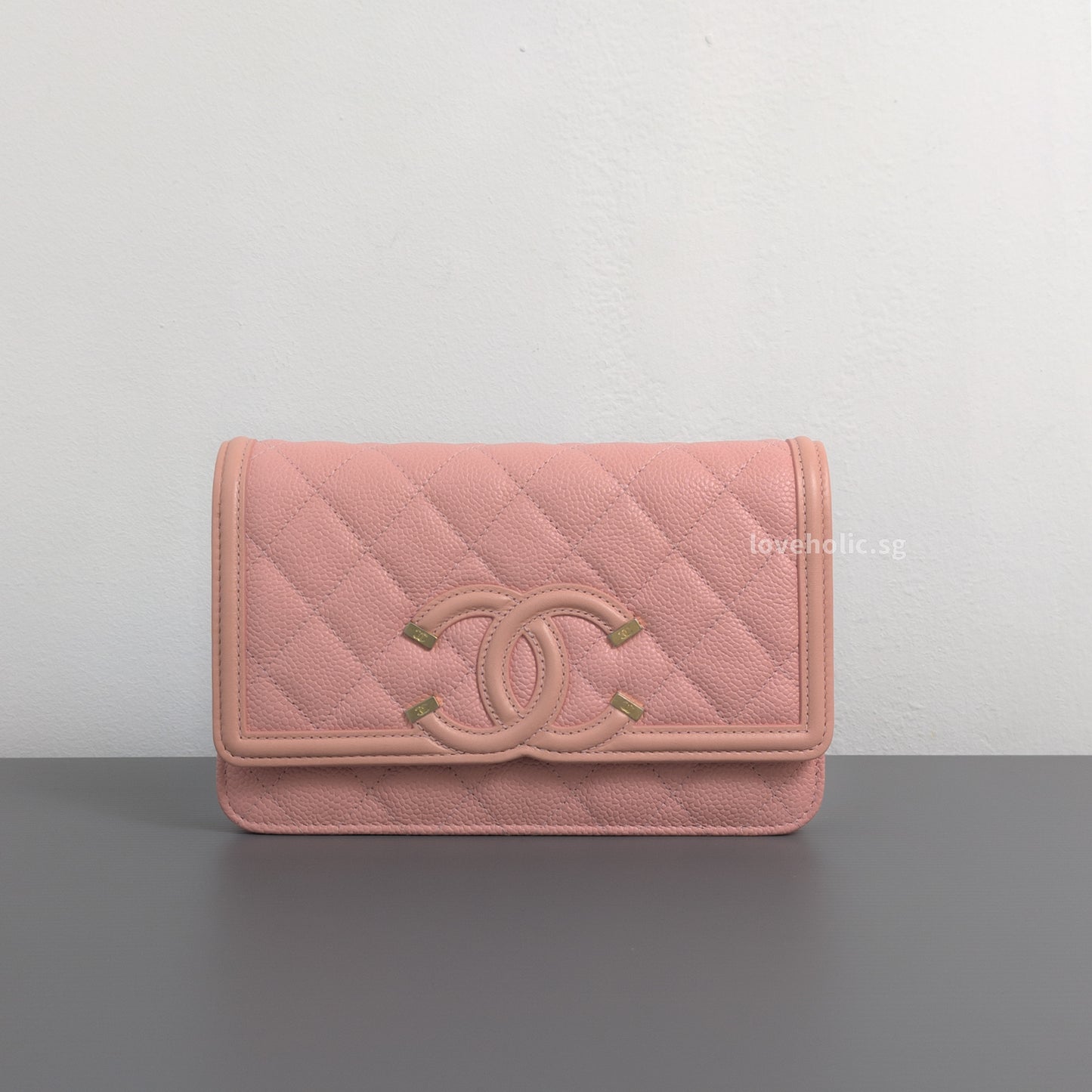 Chanel Wallet On Chain Filigree | Sakura Pink Caviar Brushed Gold Hardware-whitebackground