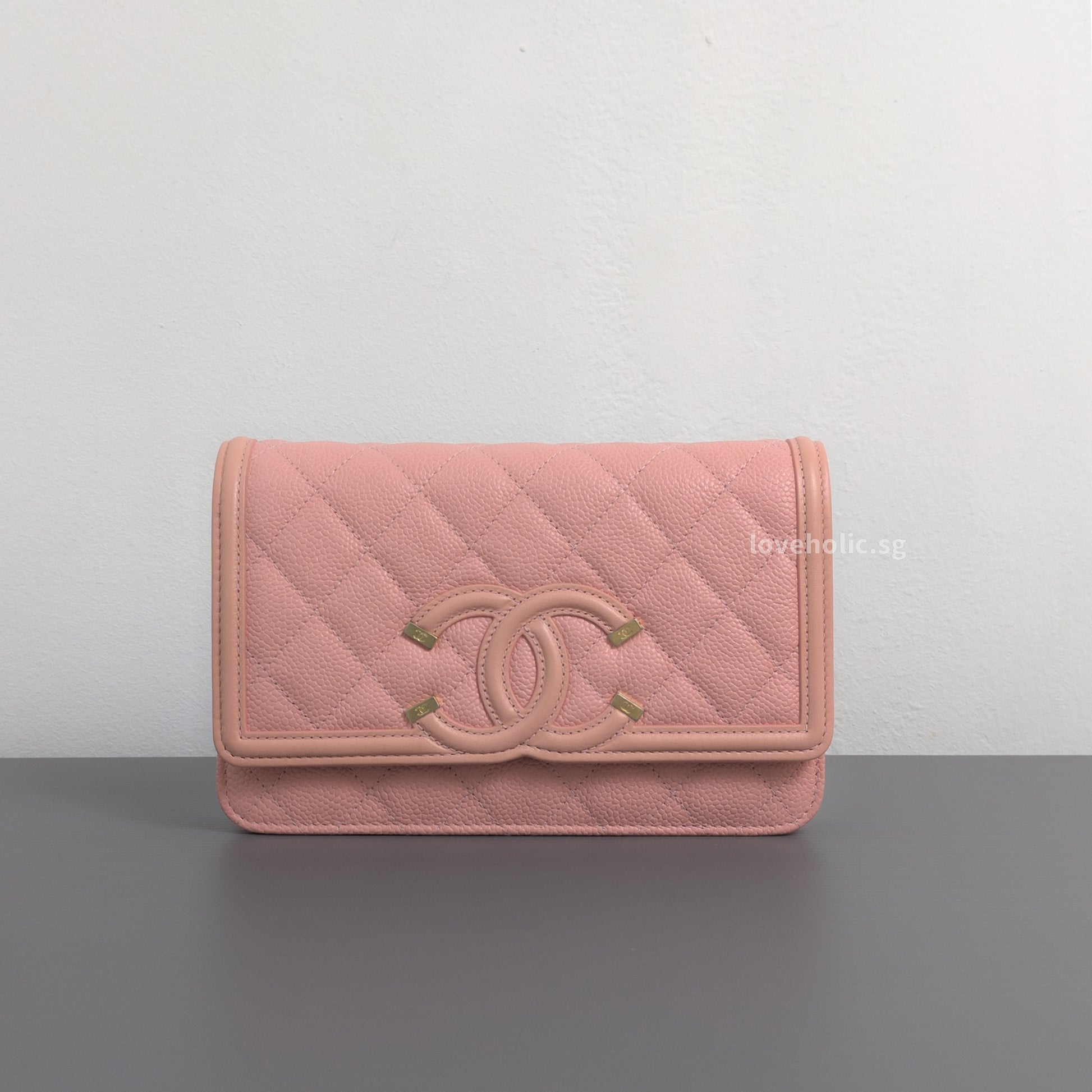 Chanel Wallet On Chain Filigree | Sakura Pink Caviar Brushed Gold Hardware-whitebackground