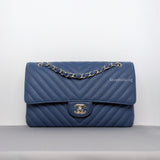 Chanel Classic Flap Chevron Medium | Navy Caviar Silver Hardware-whitebackground