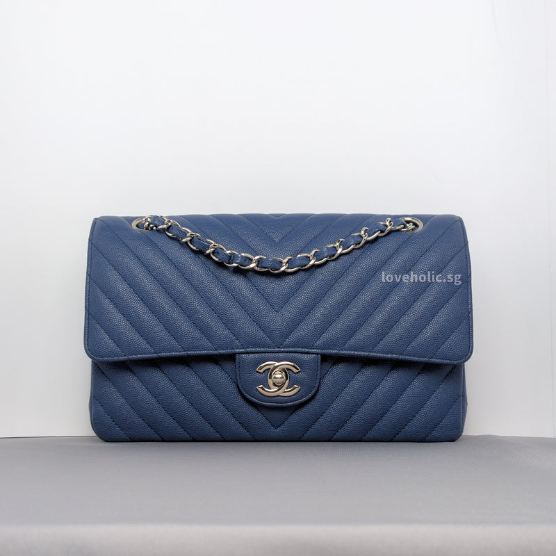 Chanel Classic Flap Chevron Medium | Navy Caviar Silver Hardware-whitebackground