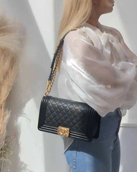 Chanel Boy Old Medium | Black Caviar Brushed Gold Hardware-modelshots