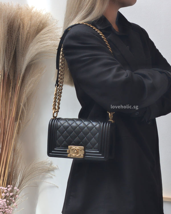 Chanel Boy Small | Black Caviar Brushed Gold Hardware-modelshots