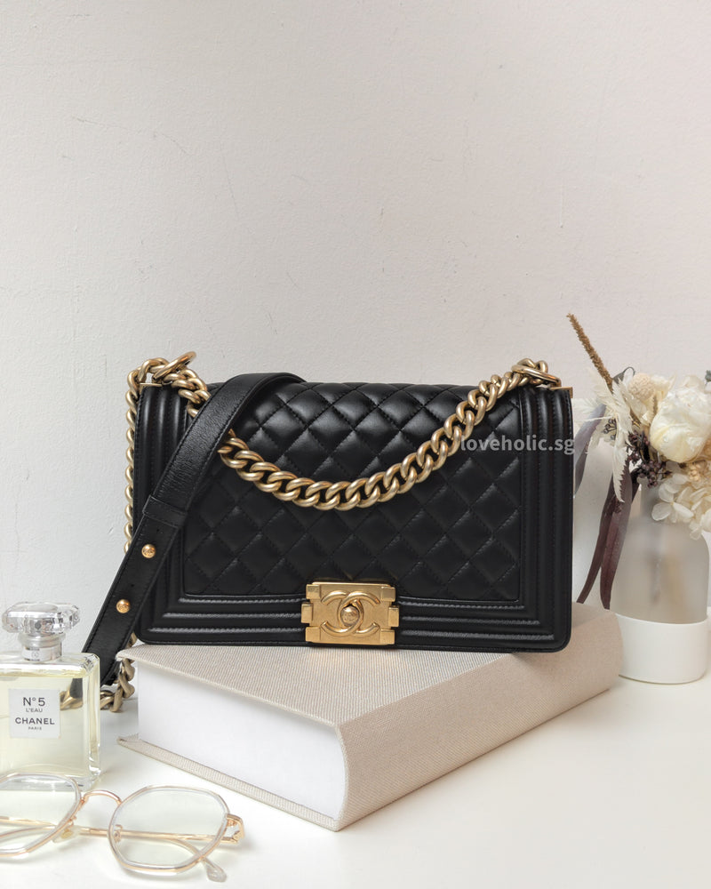 Chanel Boy Old Medium | Black Lambskin Brushed Gold Hardware-main
