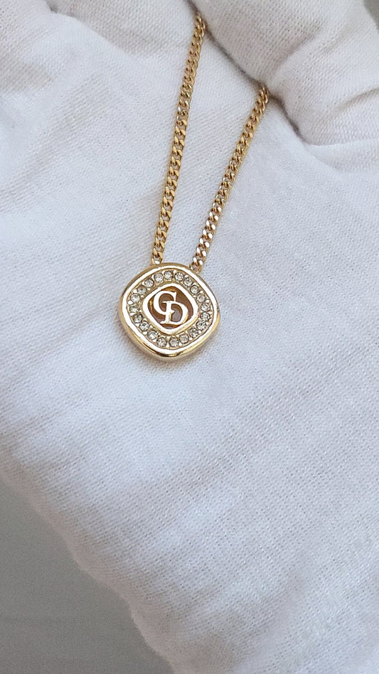 Vintage Necklace Rhinestone CD Logo | Gold Hardware