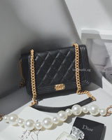 Chanel Boy Wallet On Chain Small | Black Caviar Brushed Gold Hardware