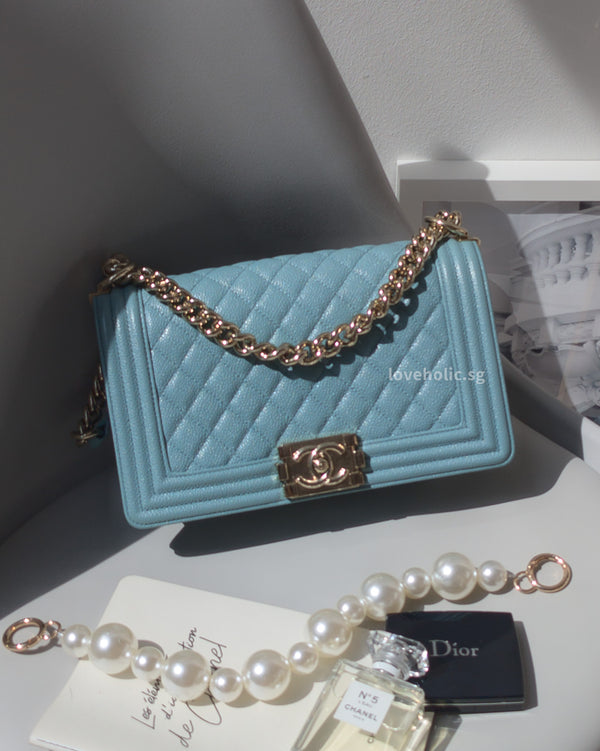 19C Tiffany Blue Caviar Quilted Classic Flap Small Light Gold Hardware
