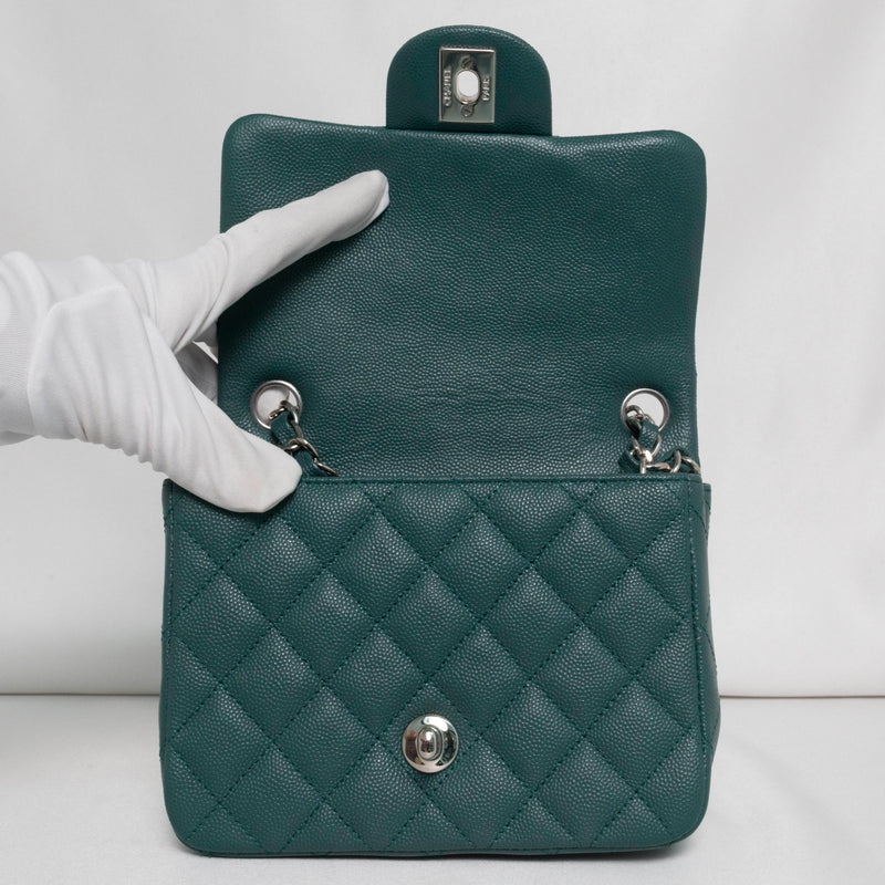 Chanel Classic Flap Mini Square | 17B Dark Green Caviar Silver Hardware