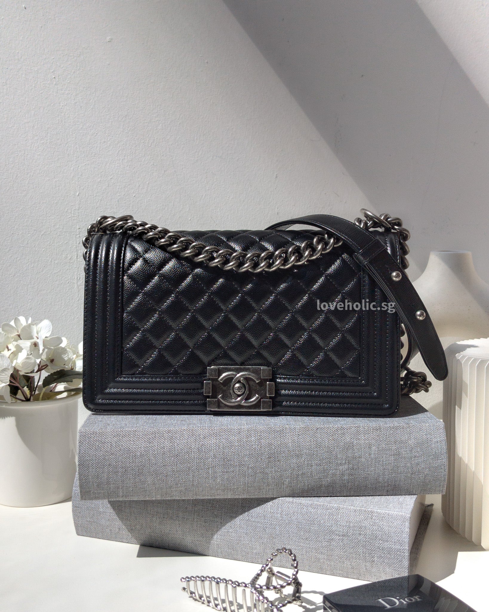 Chanel Boy Old Medium | Black Caviar Ruthenium Hardware – loveholic