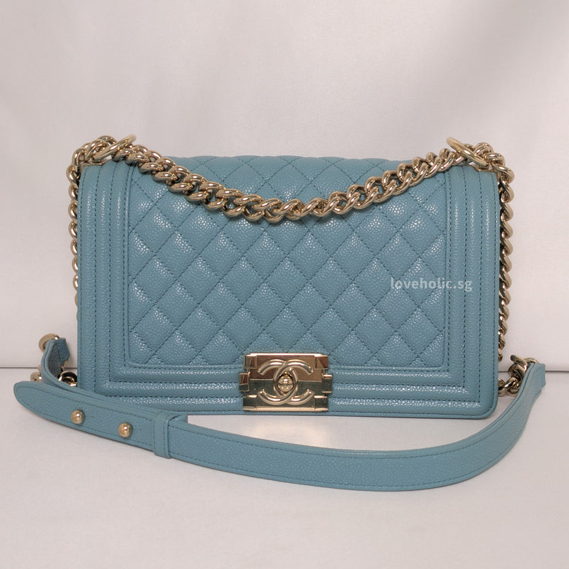 Chanel Boy Old Medium | 19C Tiffany Blue Caviar Gold Hardware