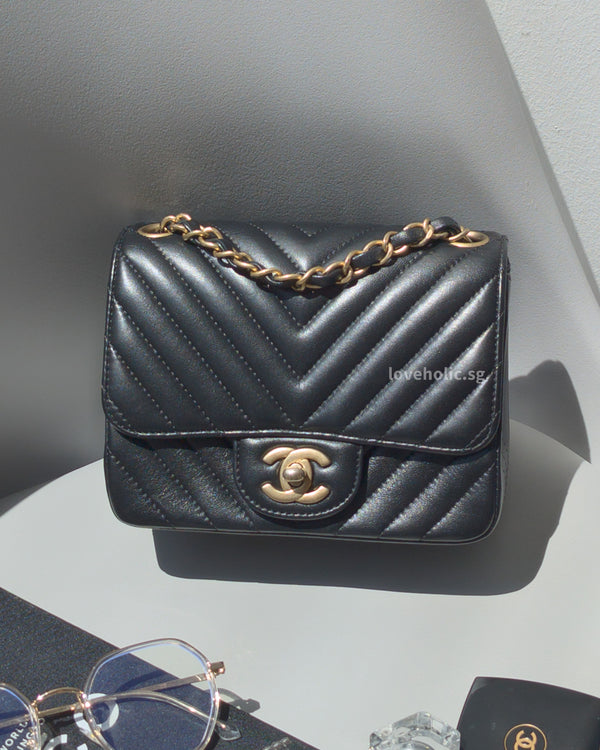 Chanel Classic Flap Chervon Mini Square | Black Lambskin Brushed Gold Hardware