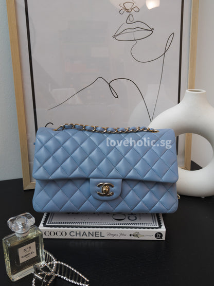 Chanel Classic Flap Medium | 21C Sky Blue Lambskin Light Gold Hardware