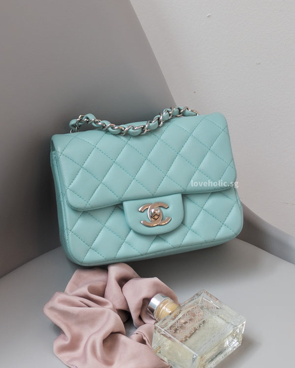Chanel Pearl Crush Mini Square Flap Bag Light Green Lambskin Antique Gold  Hardware