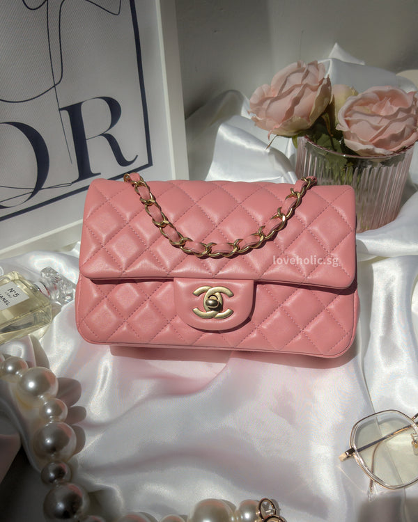 Chanel Classic Flap Mini Rectangle | Pink Lambskin Brushed Gold Hardware