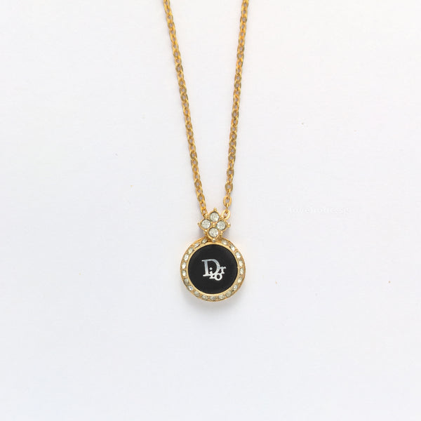 Dior Vintage Necklace  | Black Rhinestone Pendant  Gold Hardware