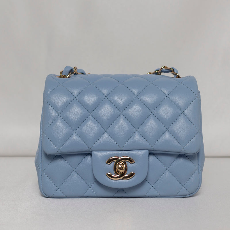 Chanel Classic Flap Mini Square 21C Sky Blue Lambskin Light Gold