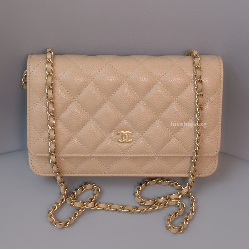 CHANEL, Bags, Chanel Beige Clair Caviar Wallet On Chain With Silver  Hardware Microchip Woc